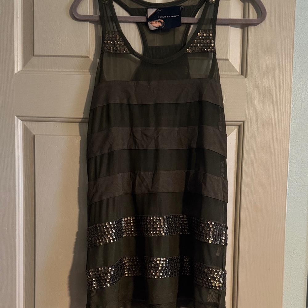 Twelve by Twelve Olive Green Sheer Tank with Sequins